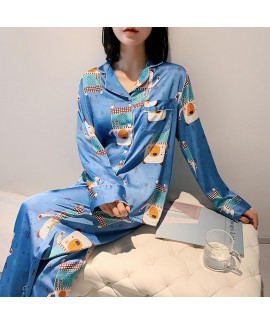 Long sleeves sleepwear suit imitating silk Sweet cartoon pajama sets for summer