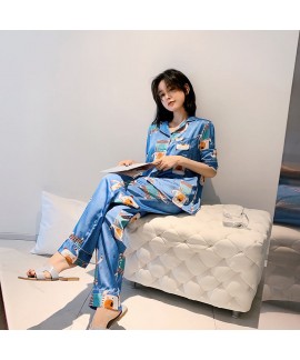 Long sleeves sleepwear suit imitating silk Sweet cartoon pajama sets for summer