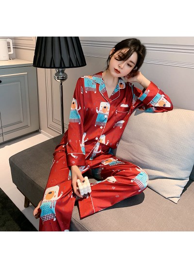 Long sleeves sleepwear suit imitating silk Sweet cartoon pajama sets for summer