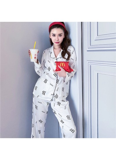 Pajama women's ice silk sleepwear high grade long sleeved silk like cardigan pajama set