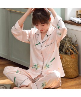 Spring and autumn thin two-piece Pajama women's casual and comfortable silk printing long sleeve home clothes set