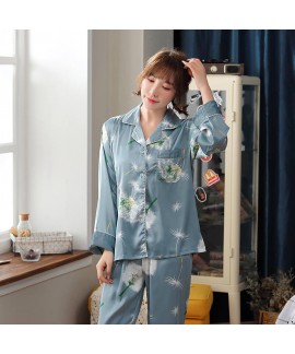 Spring and autumn thin two-piece Pajama women's casual and comfortable silk printing long sleeve home clothes set