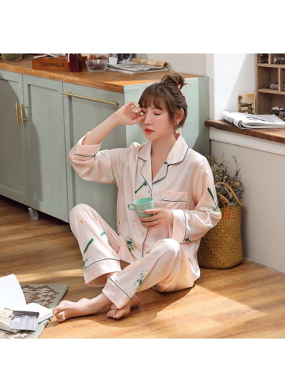 Spring and autumn thin two-piece Pajama women's casual and comfortable silk printing long sleeve home clothes set