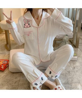 women's cotton Pajamas long sleeve cardigan two piece cartoon sleepwear set