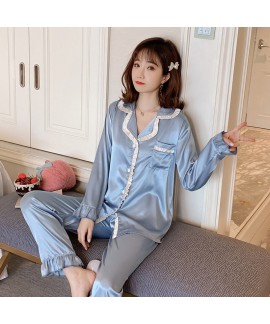 long sleeve fresh thin ice silk sleepwear for student sexy two piece pajama sets