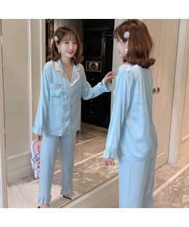 long sleeve fresh thin ice silk sleepwear for student sexy two piece pajama sets