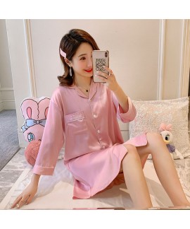 long sleeve ice silk cardigan sleepwear loose sexy satin pajamas