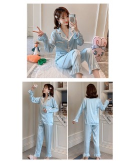 Long sleeve princess style sleepwear sweet lovely sexy ice silk two-piece pajama set