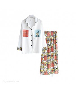 Long sleeve ice silk pajamas two piece set for spring and summer thin Lapel cardigan sleepwear