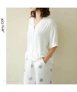 Simple college style Lapel color matching short sleeve Pajama sets