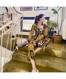 Spring and summer long sleeve ice silk pajama set thin imitation silk sleepwear two piece set