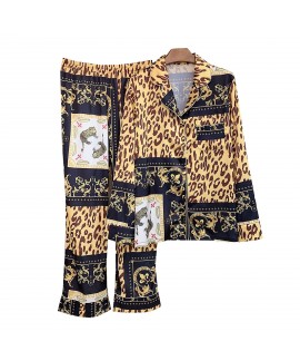 Spring and summer long sleeve ice silk pajama set thin imitation silk sleepwear two piece set