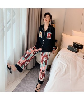 Comfortable long sleeve ice silk sleepwear women's two piece pajama set