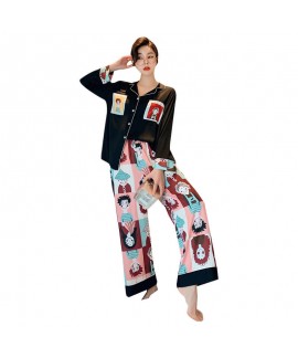 Comfortable long sleeve ice silk sleepwear women's two piece pajama set