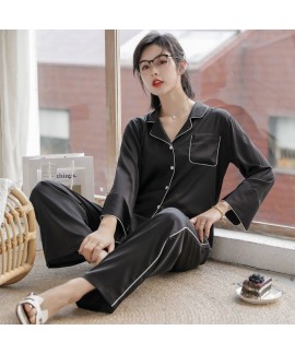 Spring and summer long sleeve women's ice silk pajamas two piece silk pajamas set