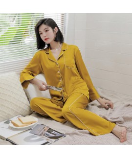 Spring and summer long sleeve women's ice silk pajamas two piece silk pajamas set