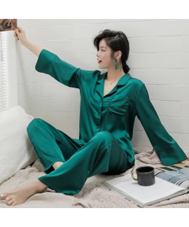 Spring and summer long sleeve women's ice silk pajamas two piece silk pajamas set