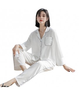 Spring and summer long sleeve women's ice silk pajamas two piece silk pajamas set