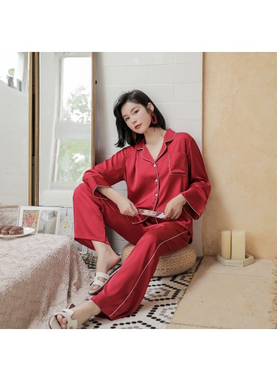 Spring and summer long sleeve women's ice silk pajamas two piece silk pajamas set