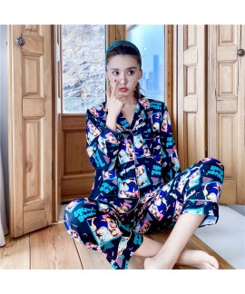 Women's long sleeved sleepwear sets silk like swee...