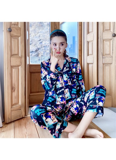 Women's long sleeved sleepwear sets silk like sweet pajamas