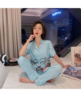 Two pieces short sleeve ice silk sleepwear sets