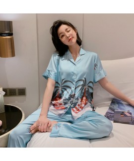 Two pieces short sleeve ice silk sleepwear sets