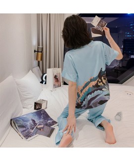 Two pieces short sleeve ice silk sleepwear sets