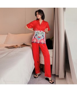 Ice silk short sleeve two piece pajama set for women