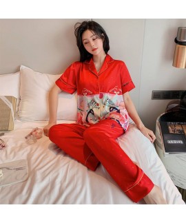 Ice silk short sleeve two piece pajama set for wom...