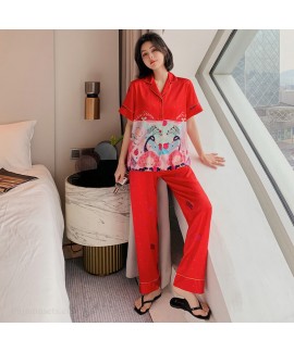 Ice silk short sleeve two piece pajama set for women