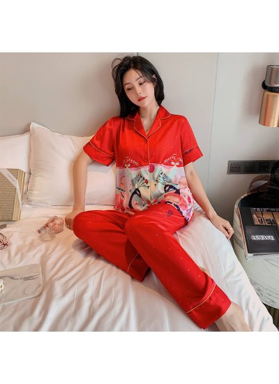 Ice silk short sleeve two piece pajama set for women