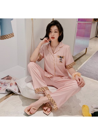 Short sleeve Summer Satin pajama sets imitation silk two piece sleepwear set