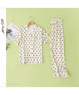 2020 new women's Lapel Beige short sleeve Pajama Set