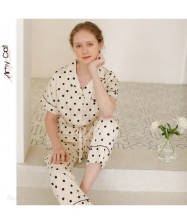2020 new women's Lapel Beige short sleeve Pajama Set