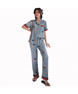 Short sleeve ice silk pajamas for women Satin leisure two piece sleepwear set