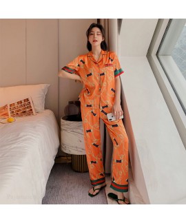 Short sleeve ice silk pajamas for women Satin leisure two piece sleepwear set