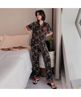 Short sleeve ice silk pajamas for women Satin leis...