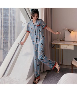 Short sleeve ice silk pajamas for women Satin leisure two piece sleepwear set