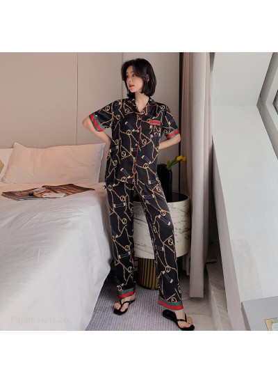 Short sleeve ice silk pajamas for women Satin leisure two piece sleepwear set