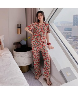 Thin Satin pants two piece ice silk pajama set for women summer ladies sleepwear