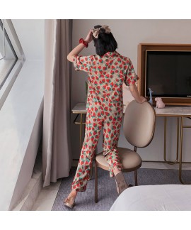 Thin Satin pants two piece ice silk pajama set for women summer ladies sleepwear