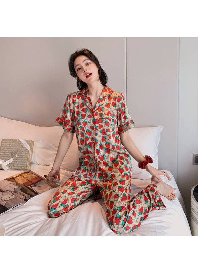Thin Satin pants two piece ice silk pajama set for women summer ladies sleepwear