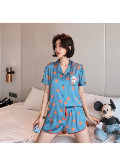 short sleeve Women's pajama set ice silk two piece casual sleepwear