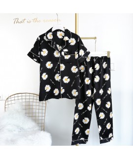 casual Short sleeve pajamas set ice silk V-neck cardigan thin sleepwear