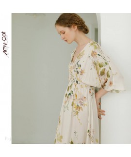 2020 summer women's nightdress V-neck printed nightdress housewear
