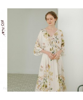 2020 summer women's nightdress V-neck printed nightdress housewear