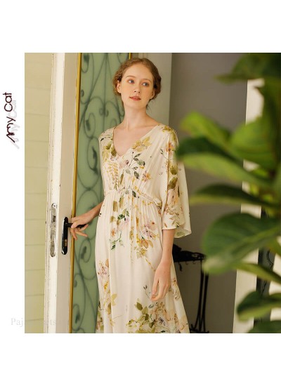 2020 summer women's nightdress V-neck printed nightdress housewear