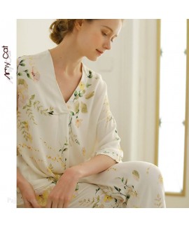 Summer short sleeved collarless Pullover Pajama set leisure sleepwear