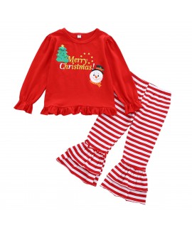 Christmas children clothing small and medium-sized girls long-sleeved letter T-shirt striped flared pants two-piece set